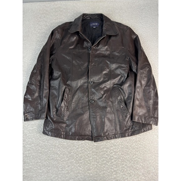 J.Crew Coat Mens Medium Brown Leather Wool Lined Button Overcoat Jacket